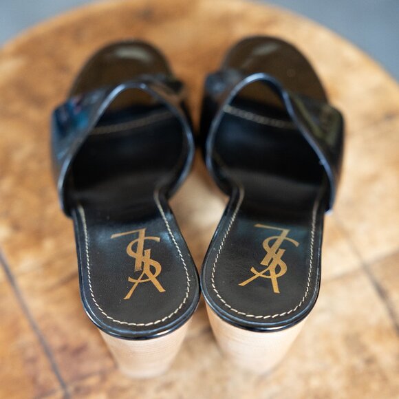 Yves Saint Laurent YSL Wood Platform Black Patent Leather Mules * 39 - Picture 9 of 11